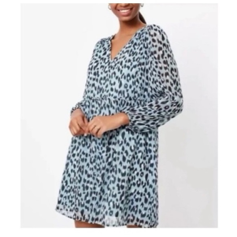 Loft Blue Leopard Print V-Neck‎ Swing Dress